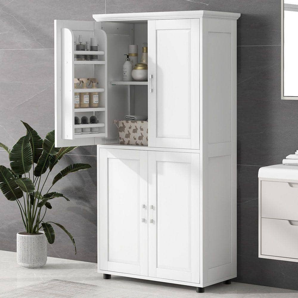 Timussi 31 in. W x 16 in. D x 62 in. H White MDF Linen Cabinet with 4-Doors and Adjustable Shelves in White (1)