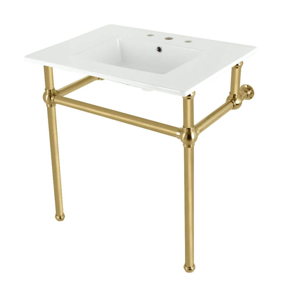 Kingston Brass Fauceture 31 in. Ceramic Console Sink Set with Brass Legs in White/Brushed Brass (1)