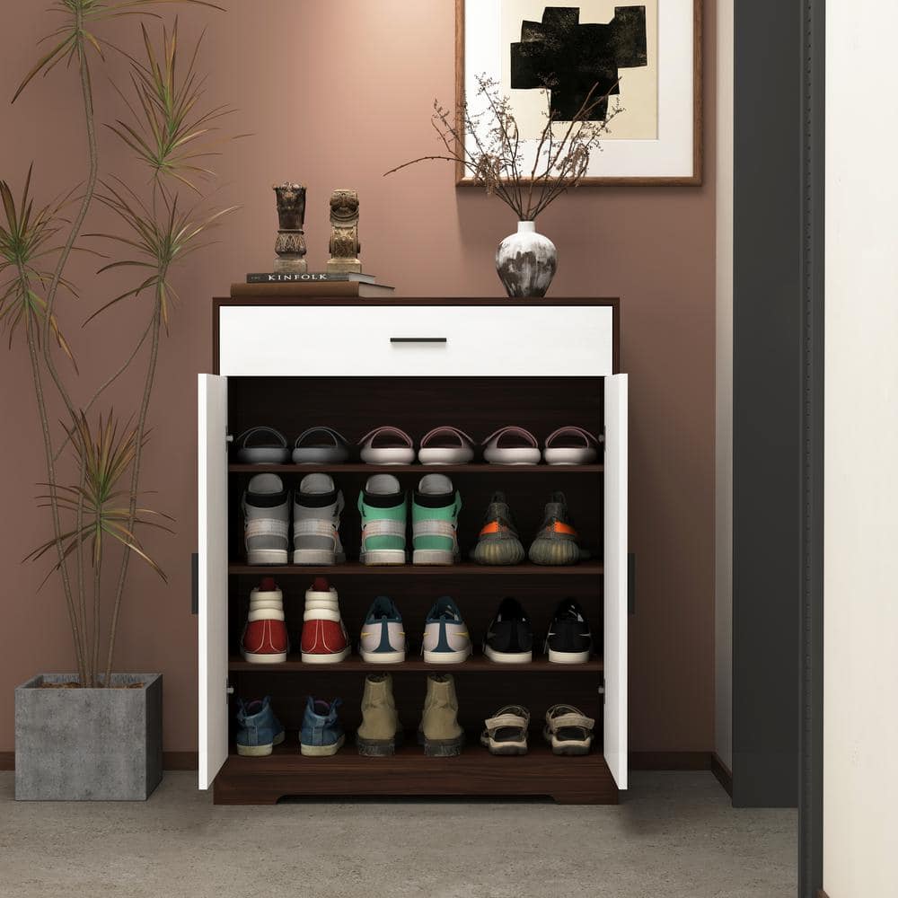 Unbranded 31.5 in. W x 15.7 in. D x 39.4 in. H Dark Brown 4-Tier Shoe Cabinet Linen Cabinet with Drawer Door Adjustable Shelve (3)