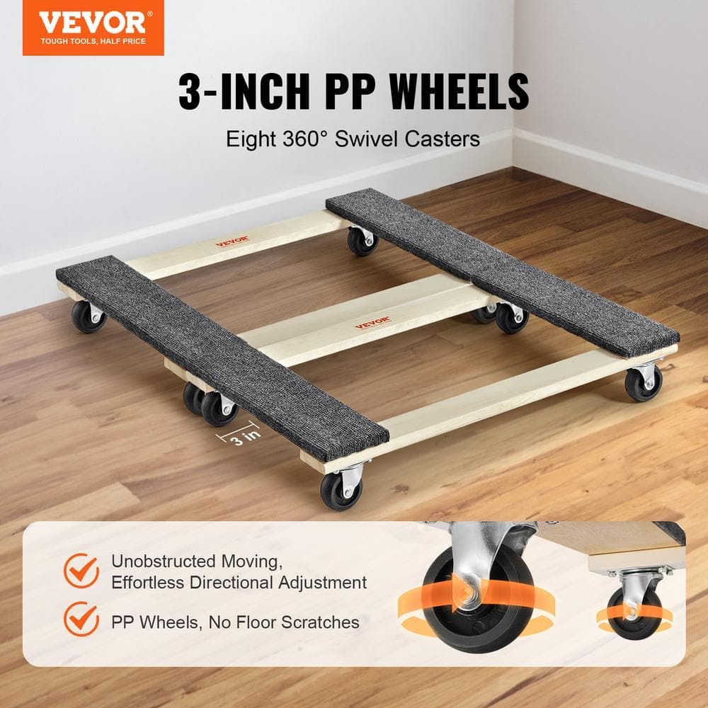 VEVOR Furniture Dolly, 1000 lbs. Each Load Capacity, 2-Packs, 18 x 30 in. 8 x 3 in. PP Swivel Casters, Heavy Duty 2025 Update (2)