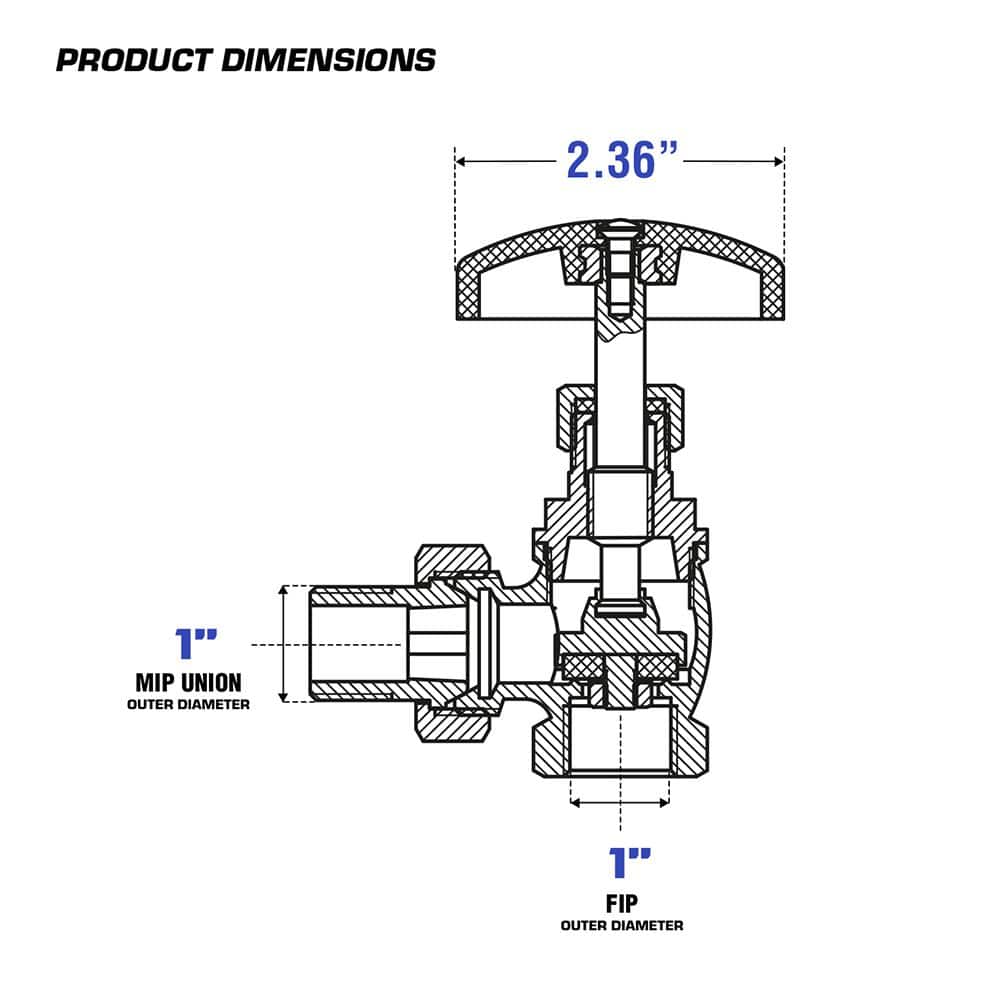PLUMBFLEX 1 in. Heavy Duty Brass Steam Angle Radiator Valve FIP x Male Union, with Molded Thermal Plastic Handle (3)