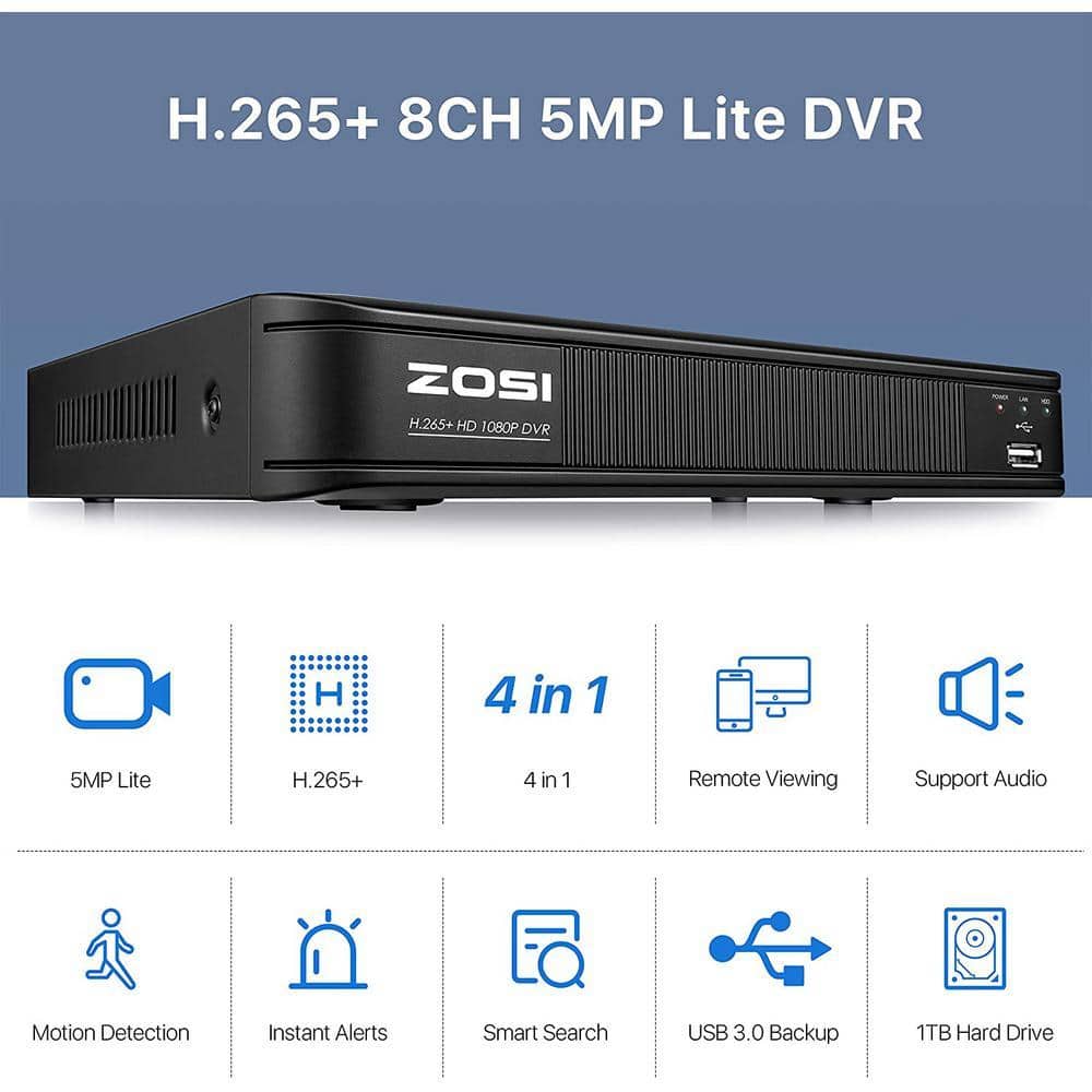 ZOSI H.265+ 8-Channel 5MP-LITE DVR 1TB Hard Drive Security Camera System with 4X 1080P Wired Bullet Cameras, Remote Access (3)