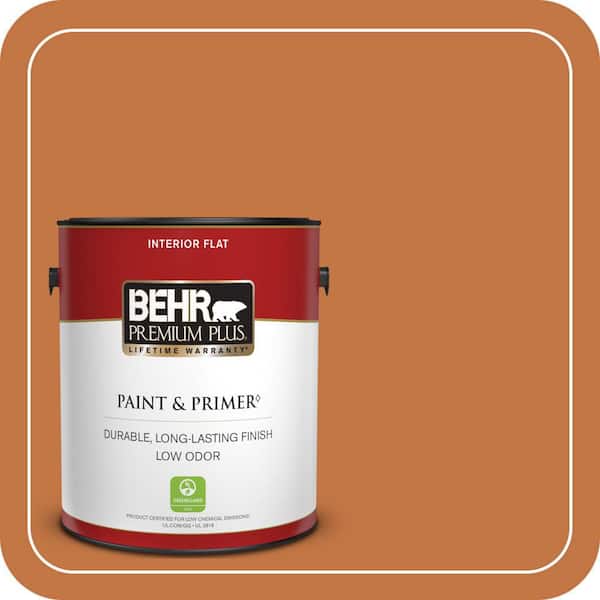 BEHR PREMIUM PLUS 1 gal. #PPU3-02 Marmalade Glaze Flat Low Odor Interior Paint & Primer (2)