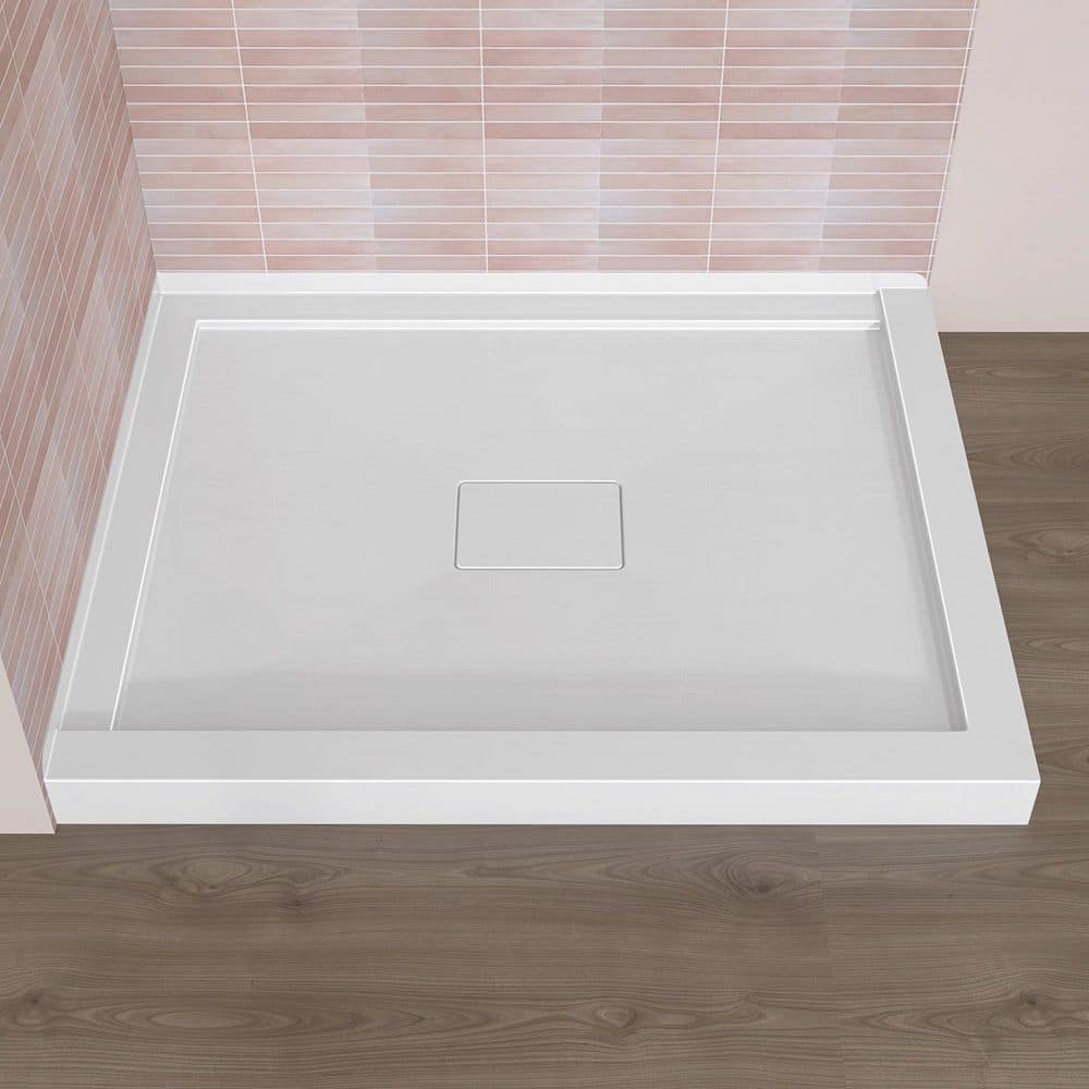 Getpro 42 in. L x 34 in. W Corner Shower Pan Base Acrylic Shower Tray in White with Center Drain Hole and Magnetic Cover (1)