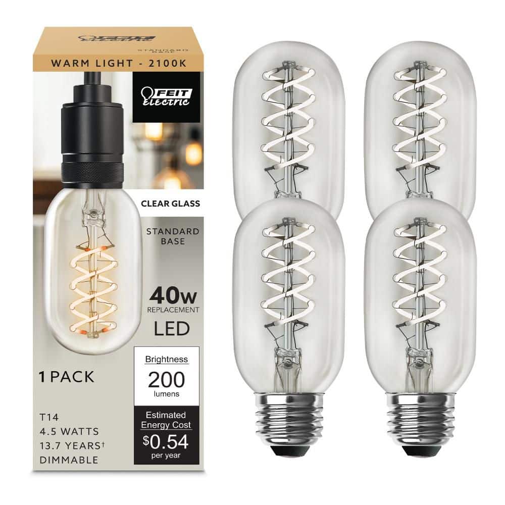 Feit Electric 40-Watt Equivalent T14 Dimmable Spiral Filament Clear Glass E26 Vintage Edison LED Light Bulb, Warm White (4-Pack)