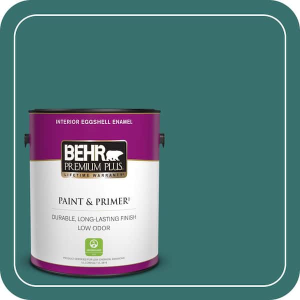 BEHR PREMIUM PLUS 1 gal. #500D-7 Caribbean Green Eggshell Enamel Low Odor Interior Paint & Primer (2)