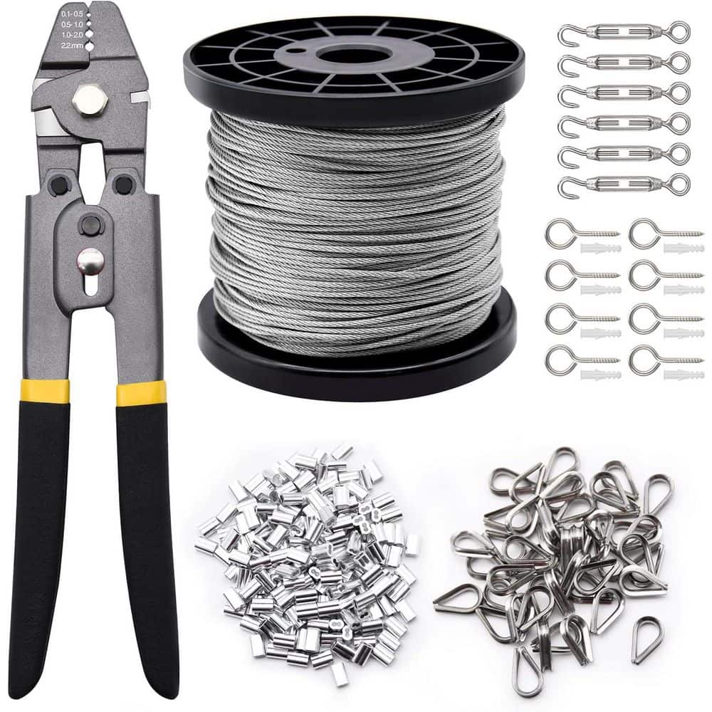 Afoxsos 328ft 1/16 in. Stainless Steel Wire Rope Cable Set with Crimping Sleeves Thimbles Turnbuckles Eye Screws for Railing (1)