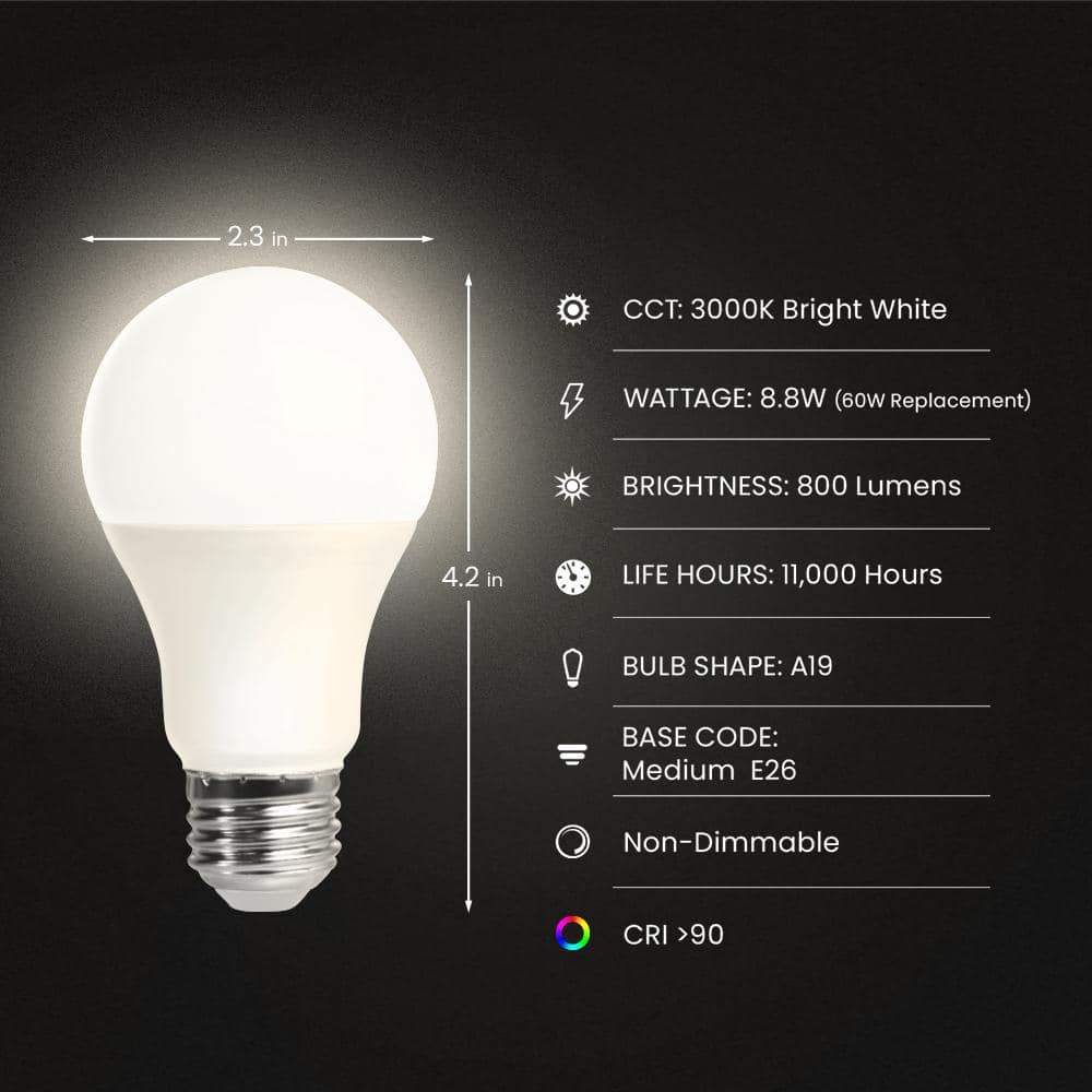 Feit Electric 60-Watt Equivalent A19 Non-Dimmable CEC Title20 90 CRI Garage Door Opener E26 Medium LED Light Bulb, Bright White 3000K (3)