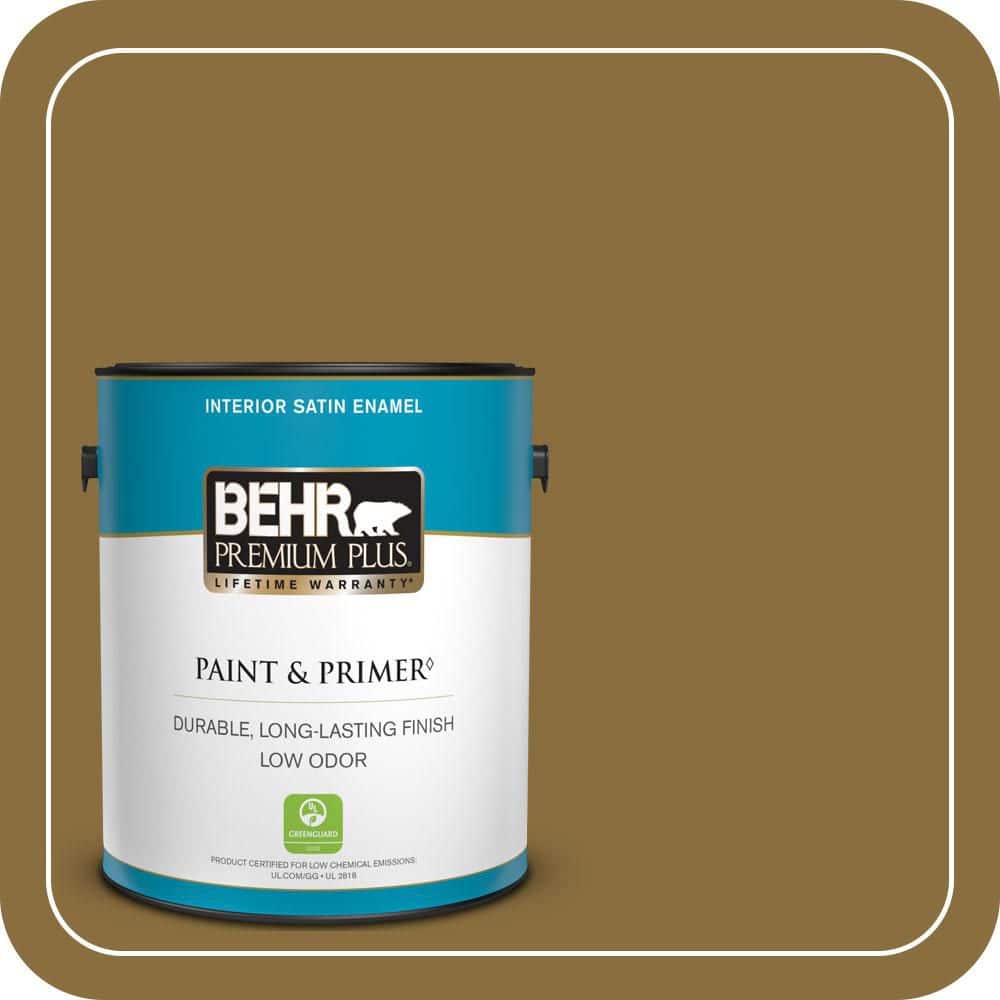 BEHR PREMIUM PLUS 1 Gal. #S310-7A Vintage Brass Satin Enamel Low Odor Interior Paint and Primer