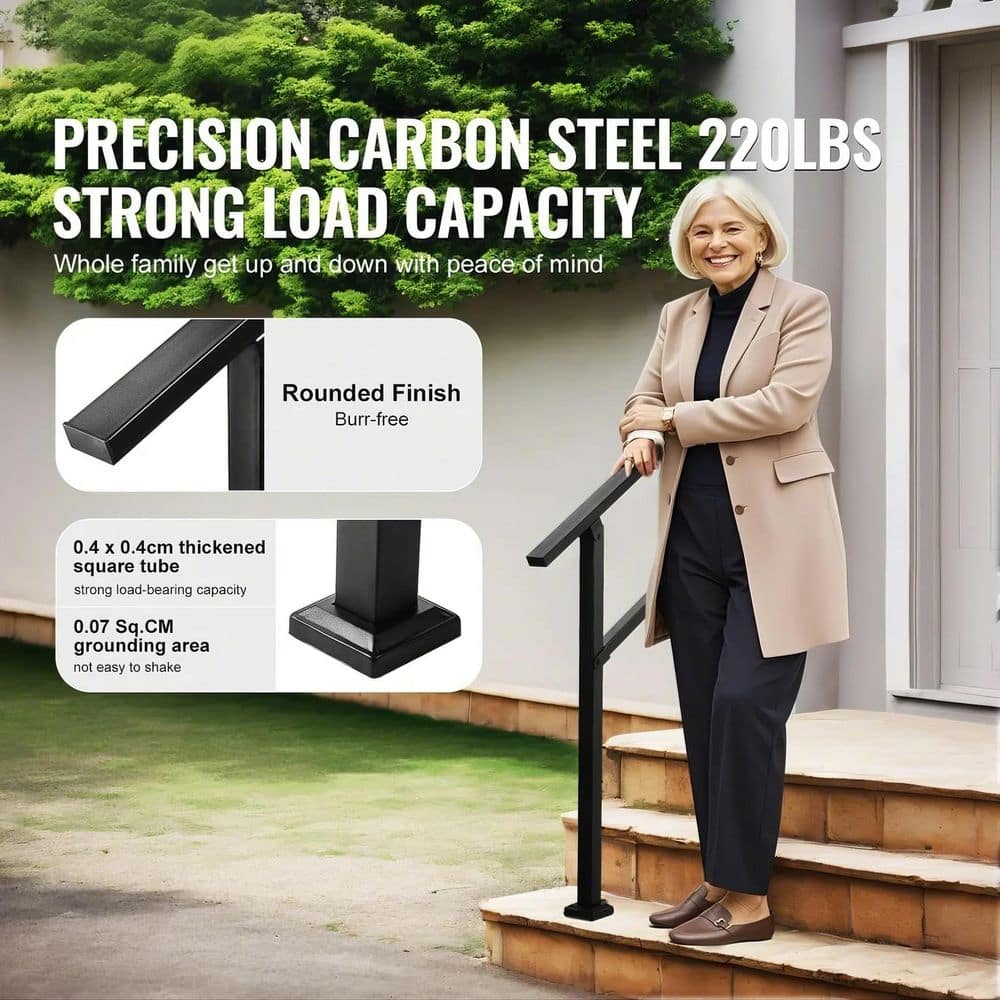 SVOPES Outdoor Handrails 2-3 Steps, 36.2 in. H x 3.3 in. W Black Square Tube W/ Horizontal Bar, Carbon Steel Stair Railing Kit (2)