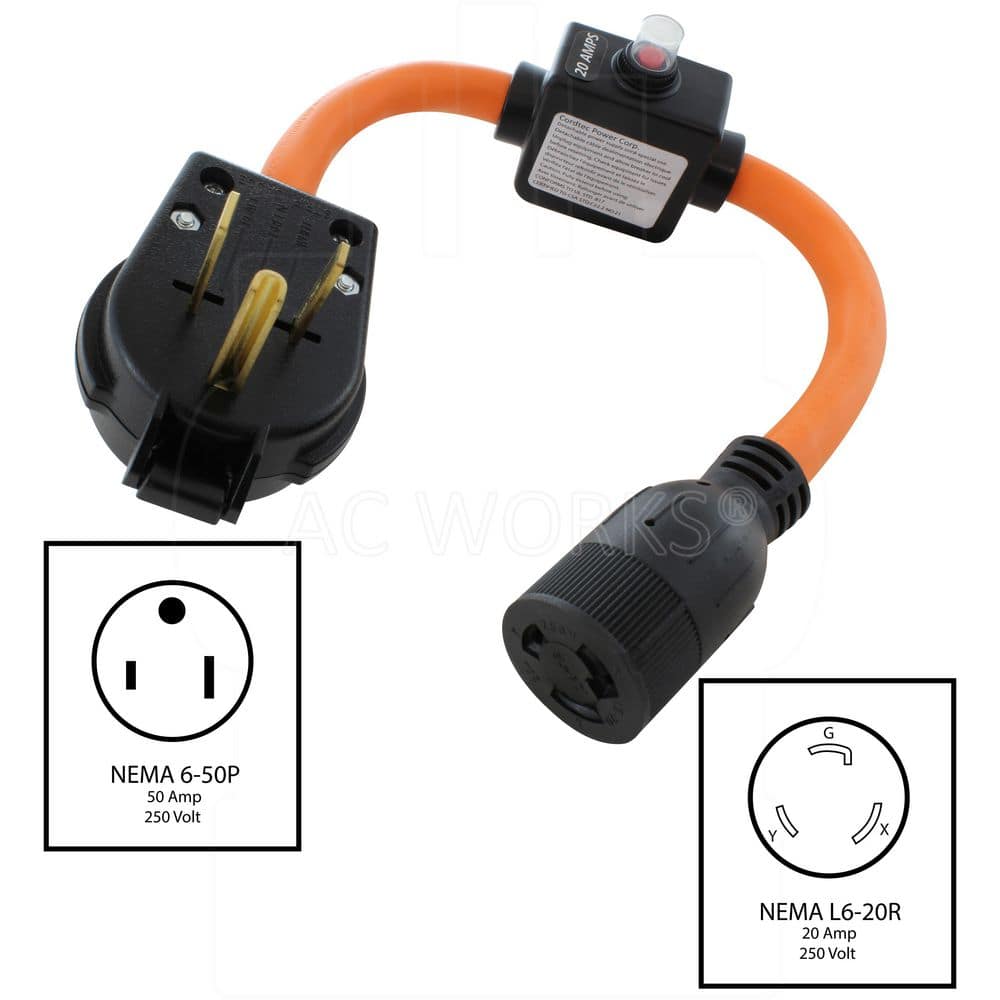 AC WORKS 6-50P 3-Prong Plug to L6-20R 3-Prong Connector With 20A Inline Breaker 1.5 ft. 10 / 3 STW Indoor/Outdoor Cord in Orange (2)
