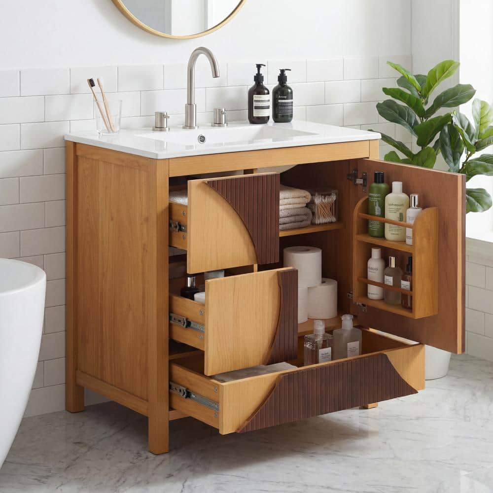 Unbranded Wood 30 Inch Mid-Century Modern Bathroom Vanity with Sink 3 Drawers Soft-Close Door (2)