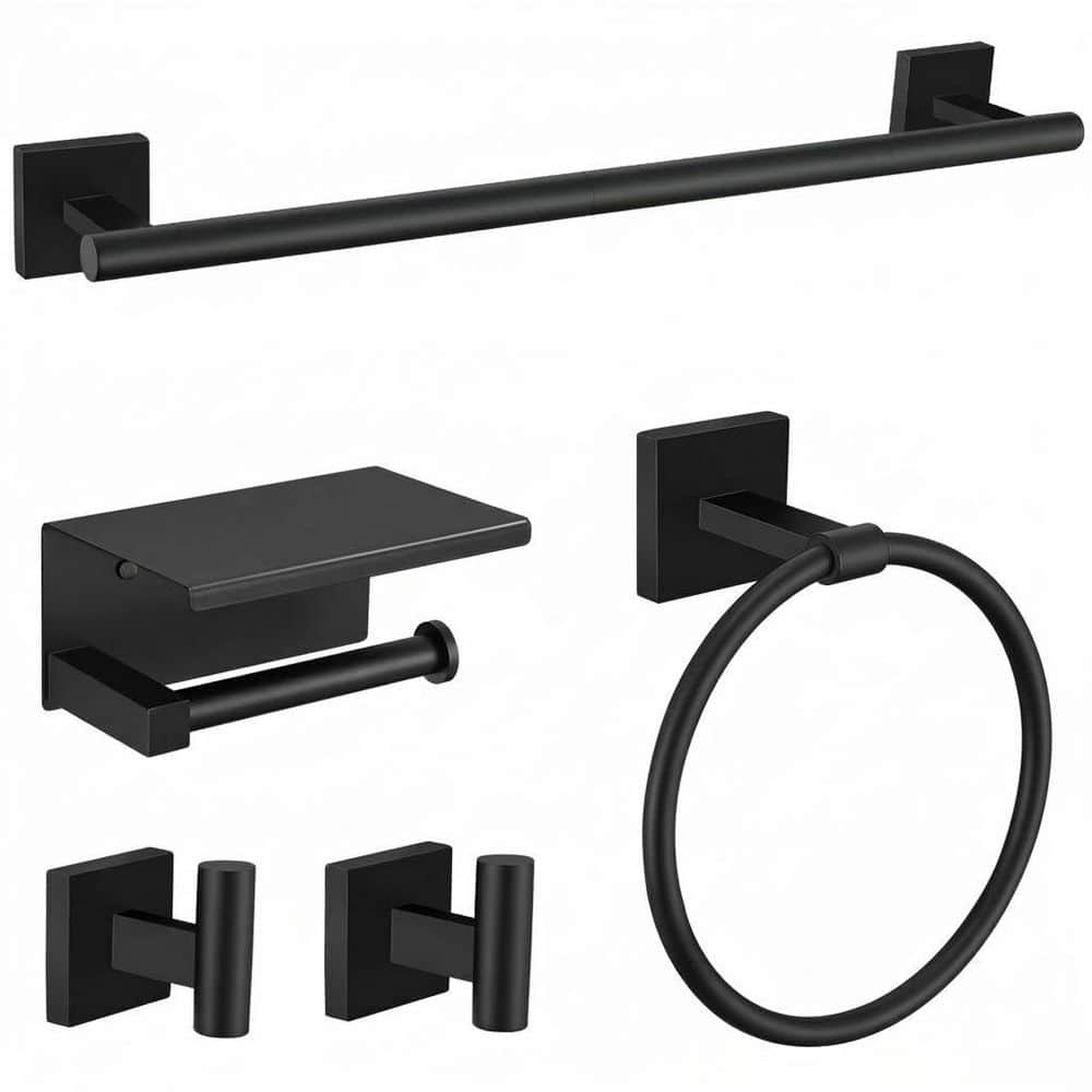 Anqtovp 5-Piece Bathroom Hardware Set with Towel Bar Towel Ring Toilet Paper Holder Robe Hooks in Matte Black Finish (1)