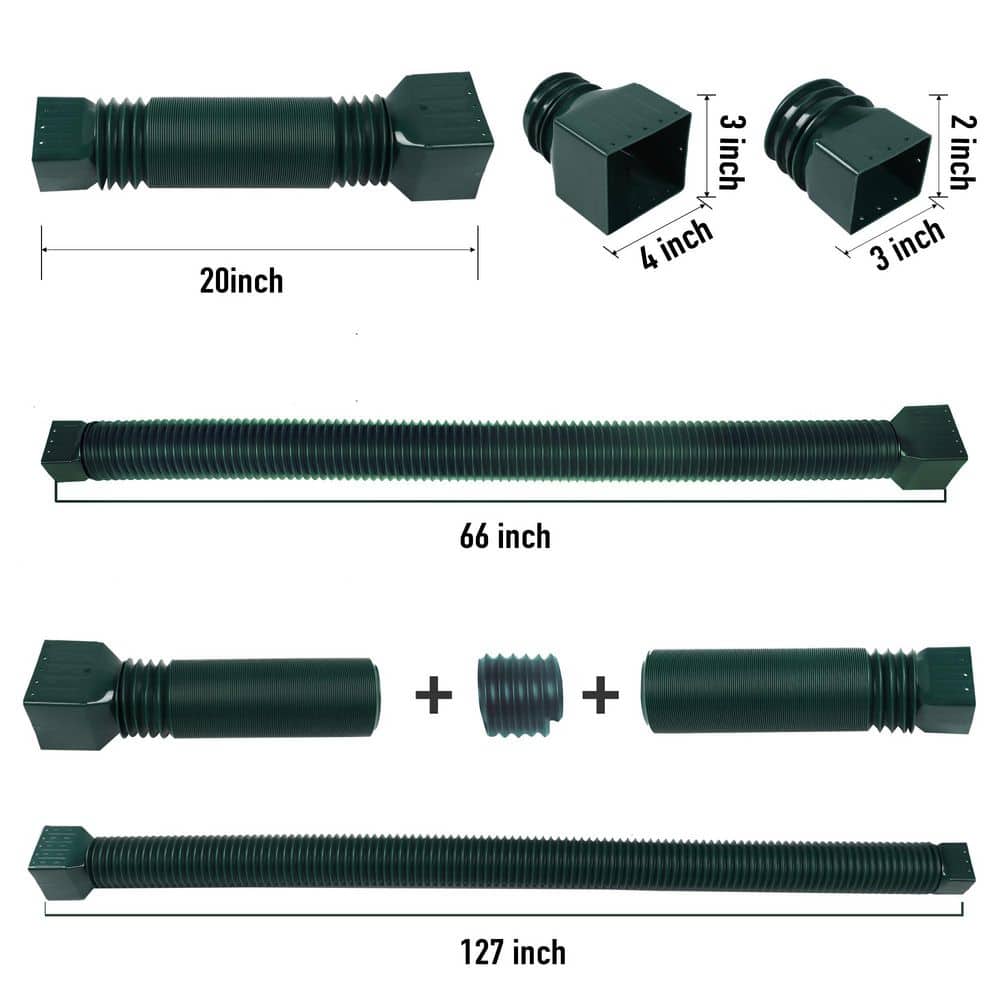 Helhom 2 Pack Green 2 in. x 1.67 ft. Rain Gutter Downspout Extensions, Flexible Corrugated Drain Pipe for Rainwater Drainage (2)