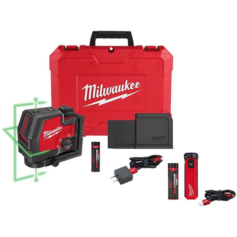 Milwaukee Green 100 ft. Cross Line and Plumb Points Rechargeable Laser Level with REDLITHIUM Lithium-Ion USB Battery and Charger (1)