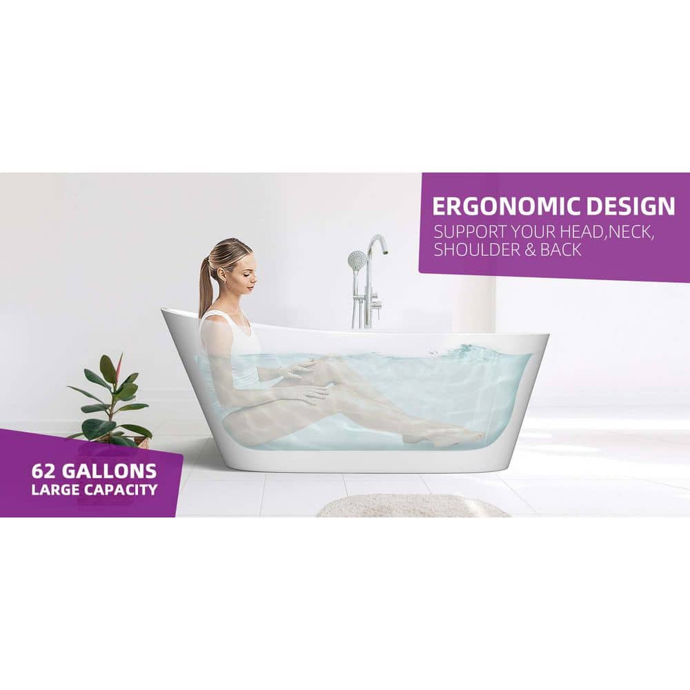 Getpro 59 in. x 29.1 in. Acrylic Freestanding Soaking Bathtub w/ Side Drain Oval Free Standing Flat Bottom Tub in Glossy White (3)