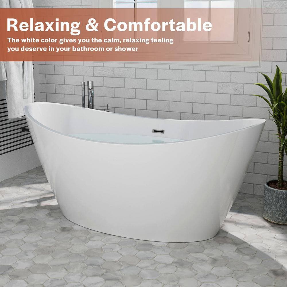 Empava 59 in. Acrylic Flatbottom Hourglass Freestanding Soaking Bathtub in White with Brushed Nickel Overflow and Drain (2)