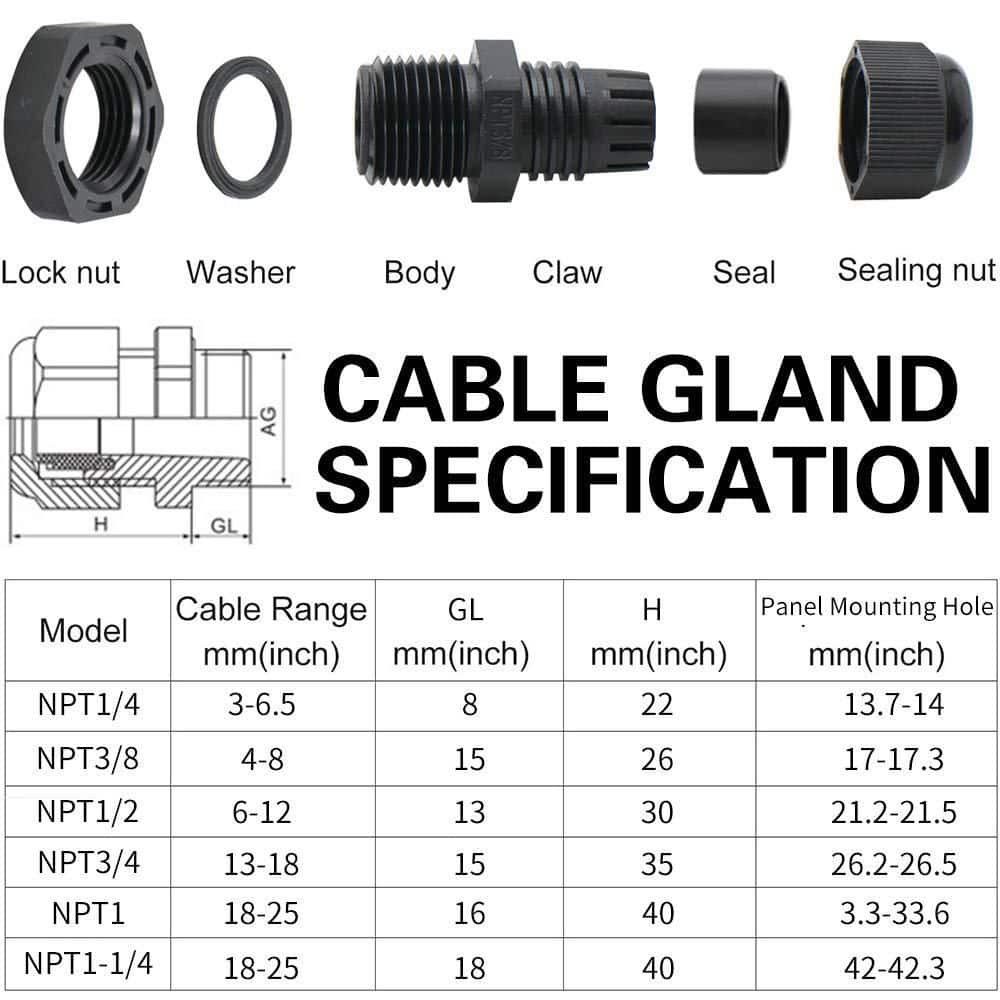 BIBIVIS 1/4, 3/8, 1/, 3/, 1-1/4 in. Nylon Cord Grips Assortment, 50-Pack Cable Hood w/ Gaskets, IP68 Waterproof Black (3)