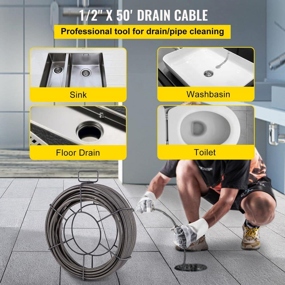 SKYSHALO Drain Cleaning Cable 50 ft. x 1/2 in. Solid Core Cable Sewer Cable Drain Auger Cable Cleaner Snake Clog Downspout (2)