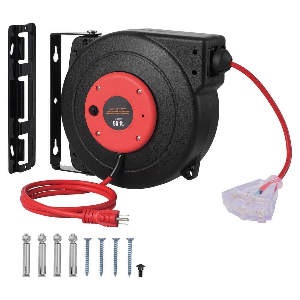 Inolait 50 ft. 14 AWG / 3 13 Amp Retractable Extension Cord Reel with 3 Grounded Outlets and Tri-Tap End