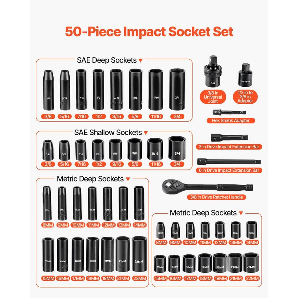 VEVOR 50-Piece 3/8 in. Drive Impact Socket Set, SAE (5/16 in. to 3/4 in. ) and Metric (8-22 mm), Cr-V Steel, with Extensions (3)