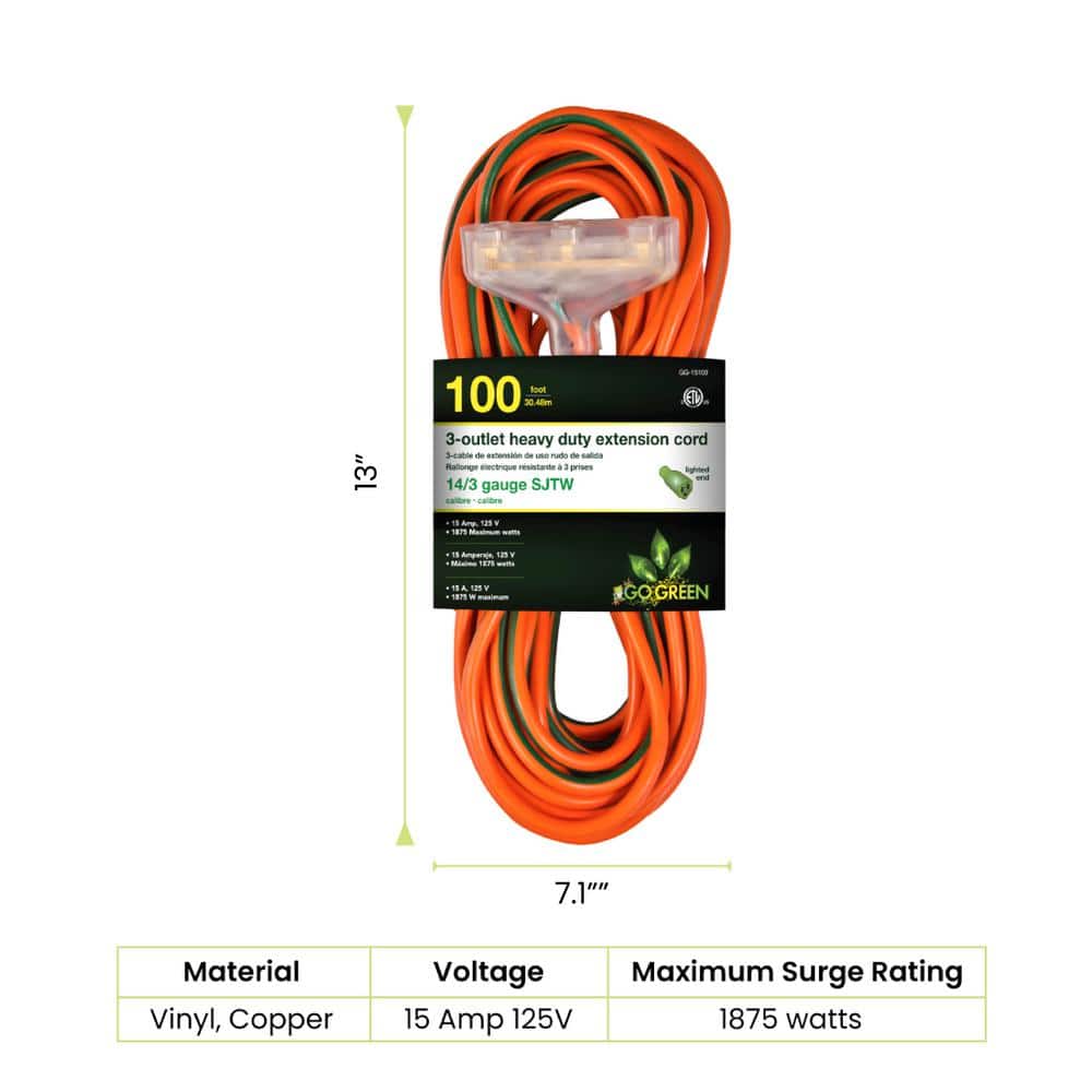 GoGreen Power 100 ft. 3-Outlet 14/3 Heavy Duty Extension Cord - Orange (2)