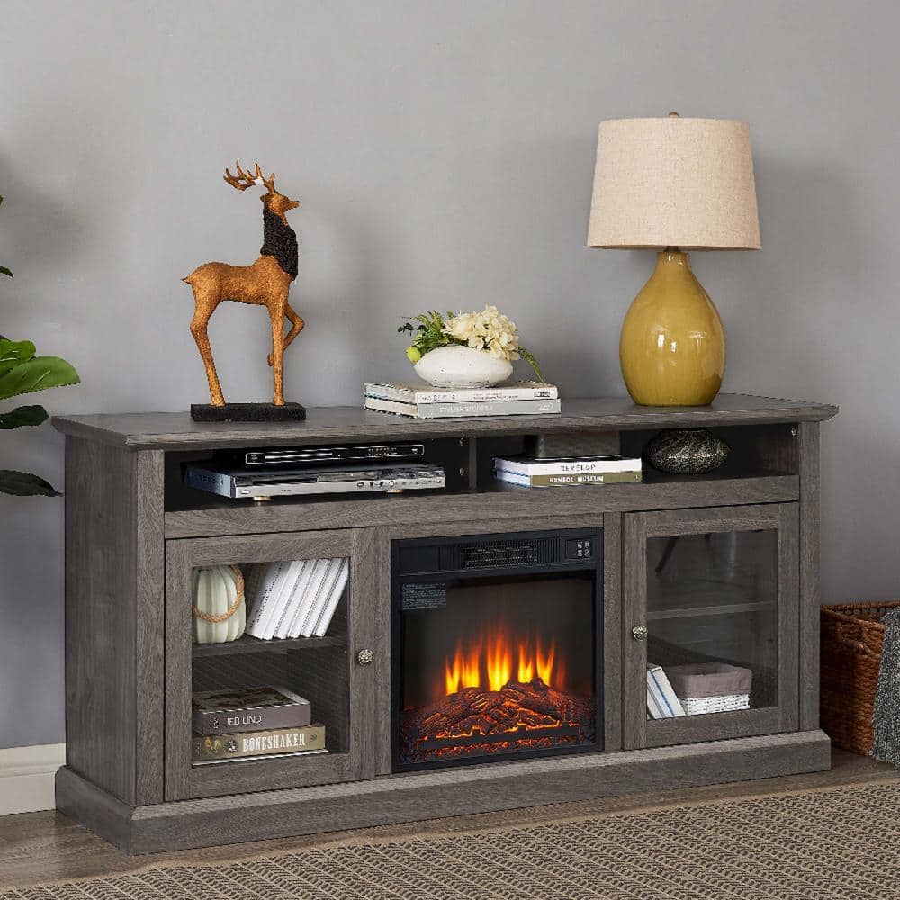 Unbranded 60 in. W x 15.75 in. D x 29 in. H Black Linen Cabinet W/ 18 in. Fireplace Insert & Storage, TV Stand for TV up to 65 in. (2)