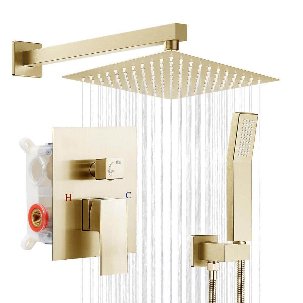 AKLFGN 1-Spray Square High Pressure 10 in. Shower Head with Brass Valve and Handheld Shower Brushed Gold (1)