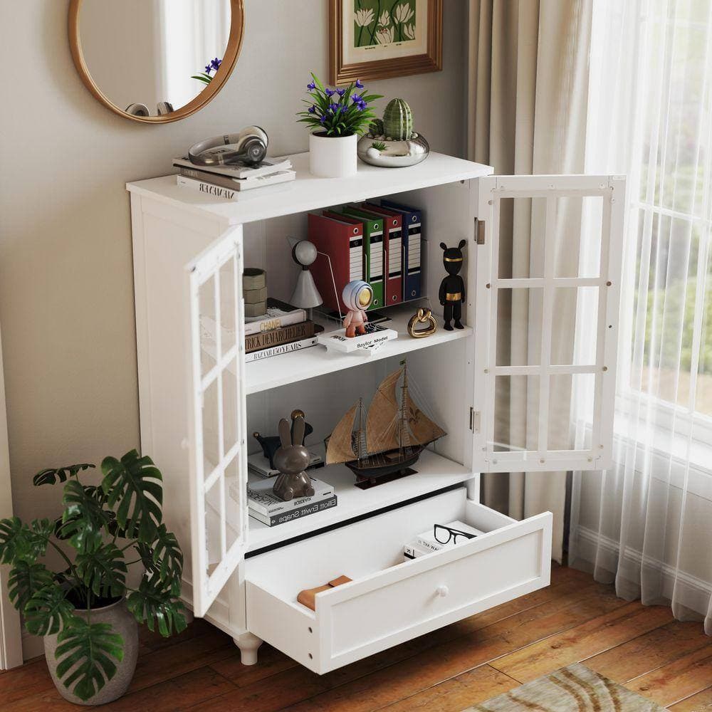 COWLOWN 28 in. W x 15 in. D x 38 in. H White Linen Cabinet with Double Glass Doors and Drawer (2)