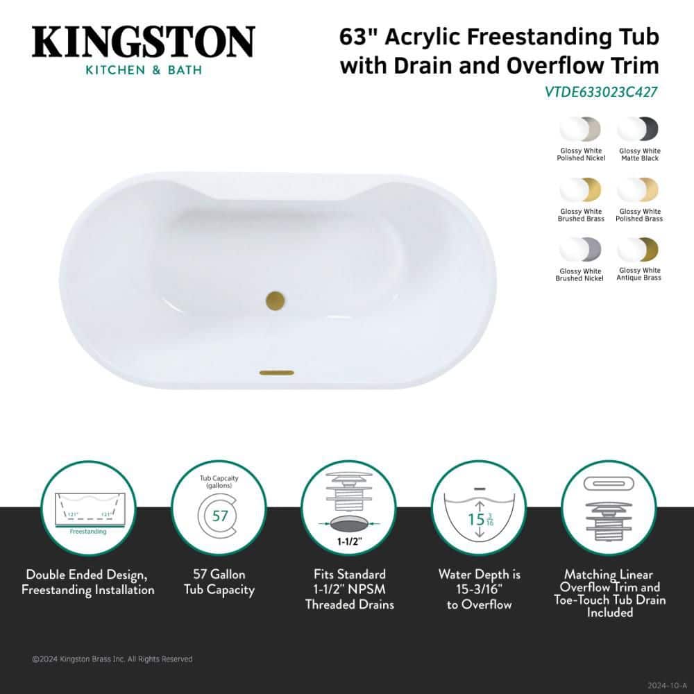 Kingston Brass Aqua Eden 63 in. x 29.5 in. Acrylic Flatbottom Freestanding Soaking Bathtub in Glossy White/Brushed Brass with Drain (2)
