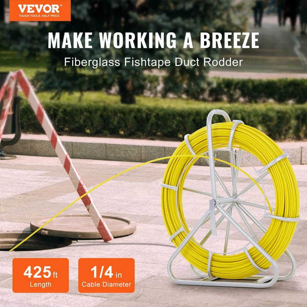 VEVOR Fish Tape 425 ft. x 1/4 in. Fiberglass Non-Conductive Duct Rodder Wire Puller with Stand for Wall Electrical Conduit (2)
