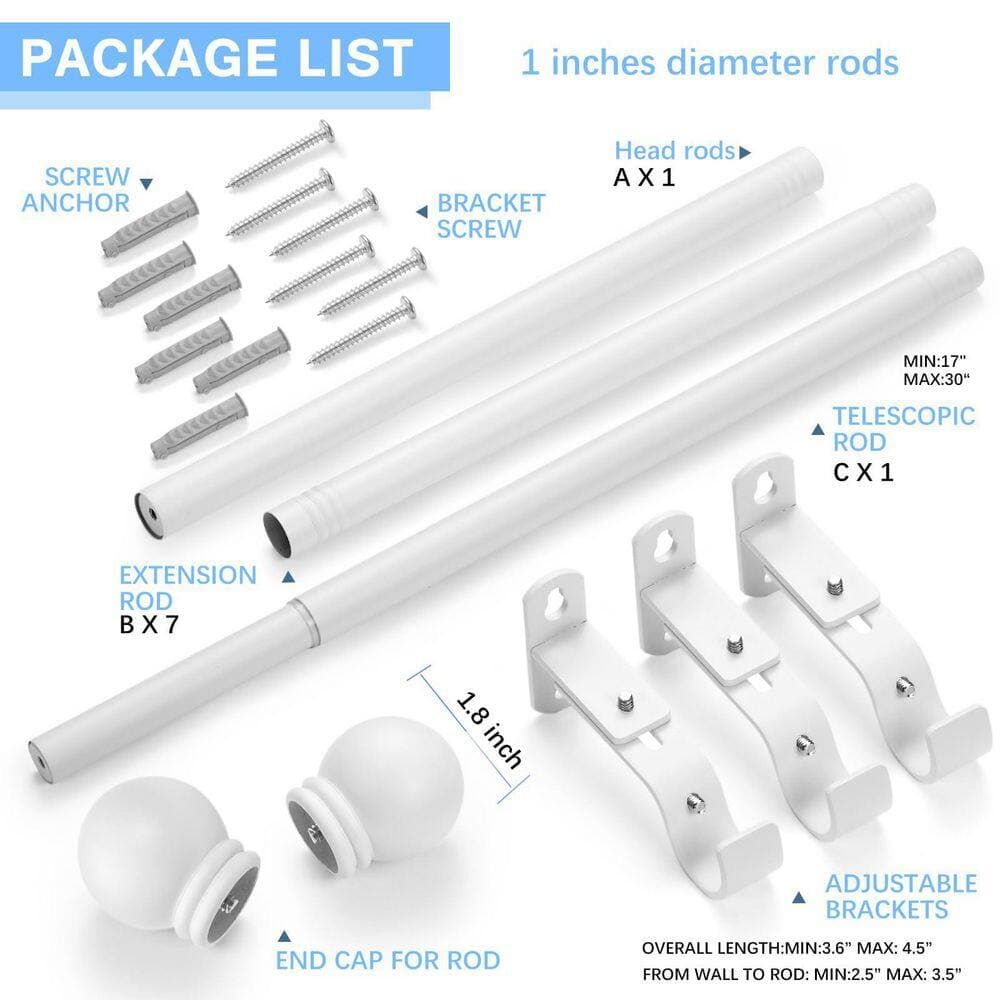 Wudkey 144 in. Adjustable Sturdy Metal Curtain Rods in White for Windows Bath Shower, Drapery Rods with Round Finials (3)