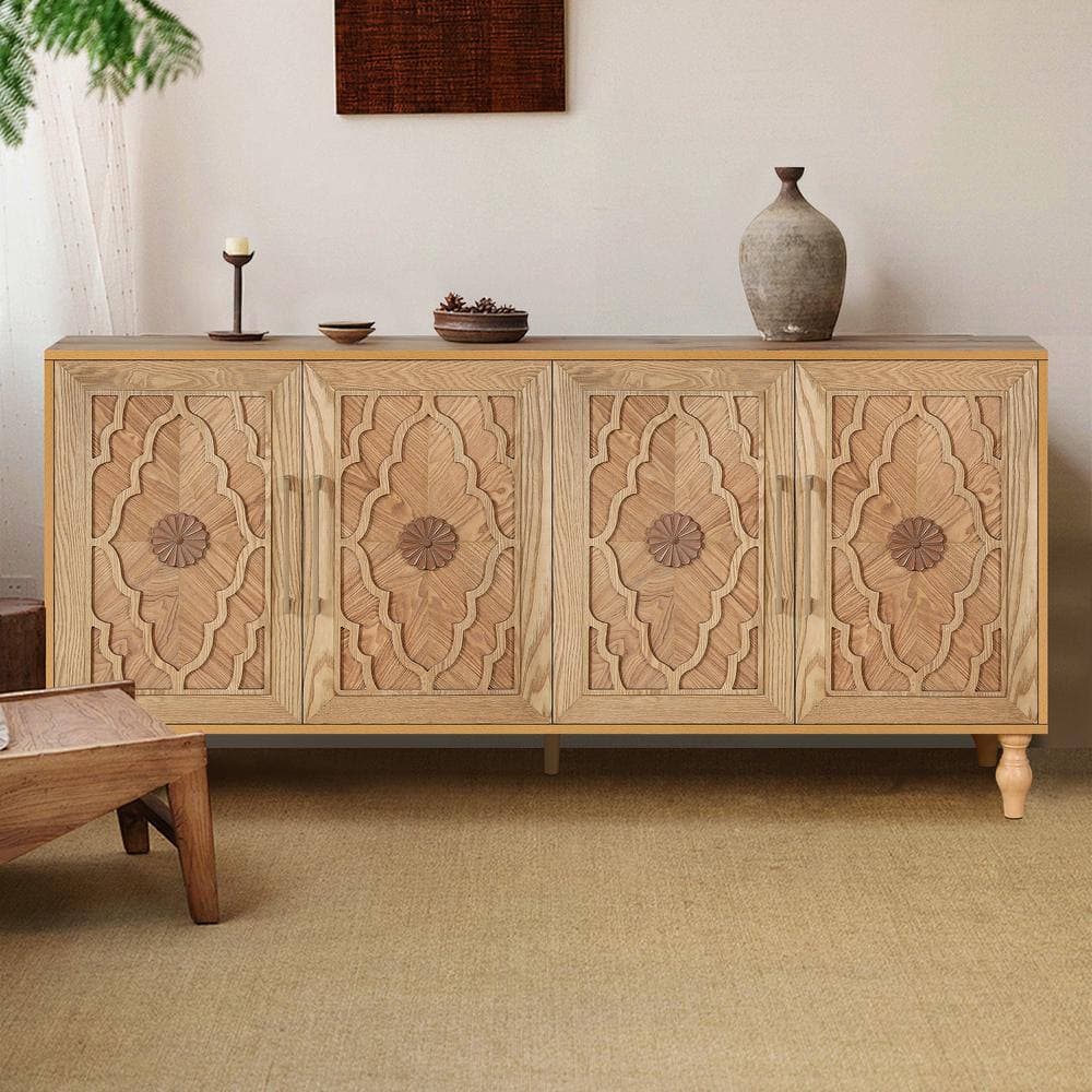 COWLOWN 62.99 in. W x 15.75 in. D x 32.00 in. H Natural Brown Linen Cabinet with 4 Doors and Metal Handle (2)