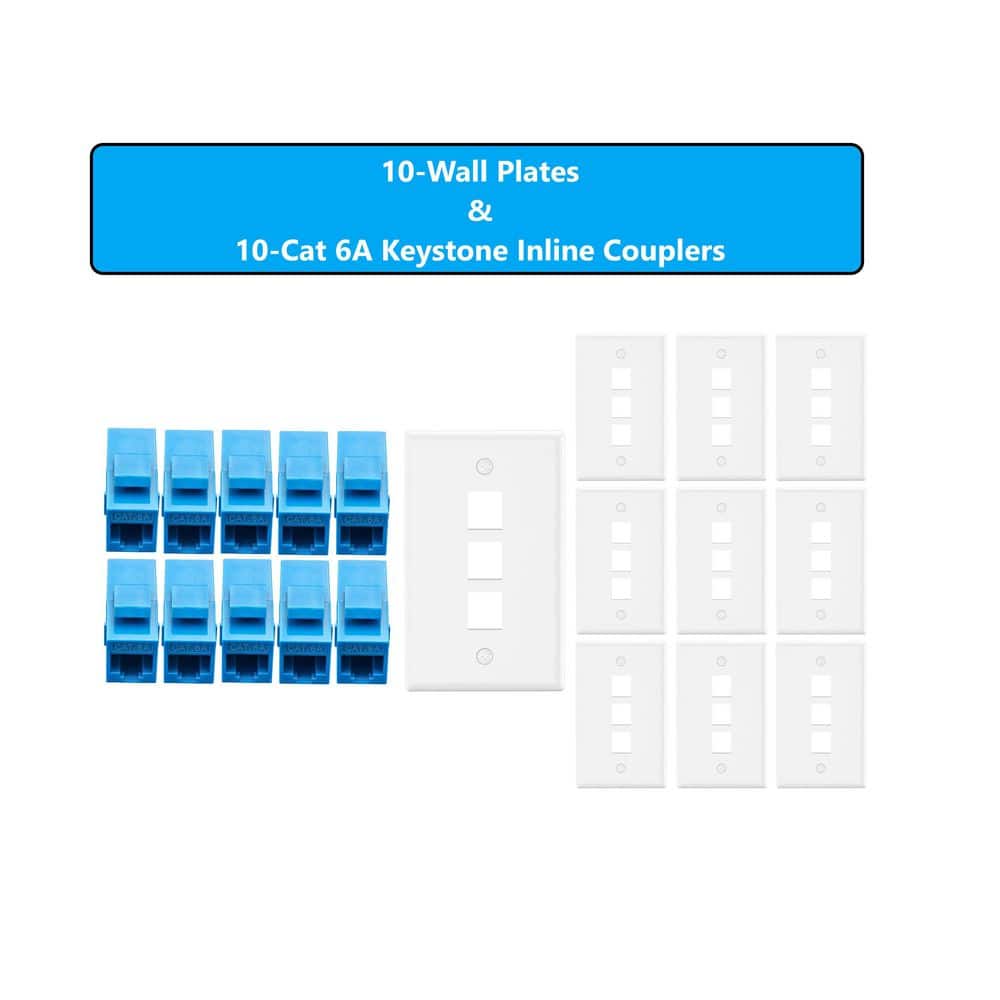 Micro Connectors, Inc 10-Pack 1-Gang White Keystone Plastic Wall Plate 3-Port & 10 Cat 6A RJ45 Keystone Inline Couplers Blue (2)