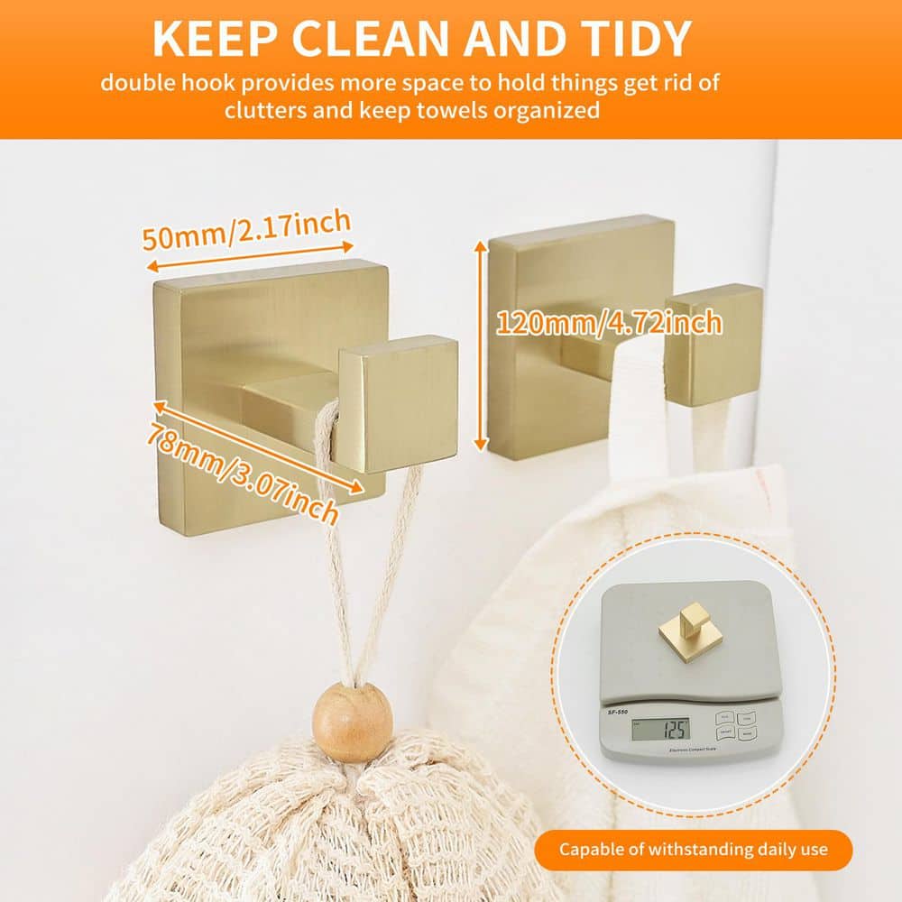 BWE Square J-Hook Bathroom Robe Hook and Towel Hook in Stainless Steel Brushed Gold (2-Pack) (3)