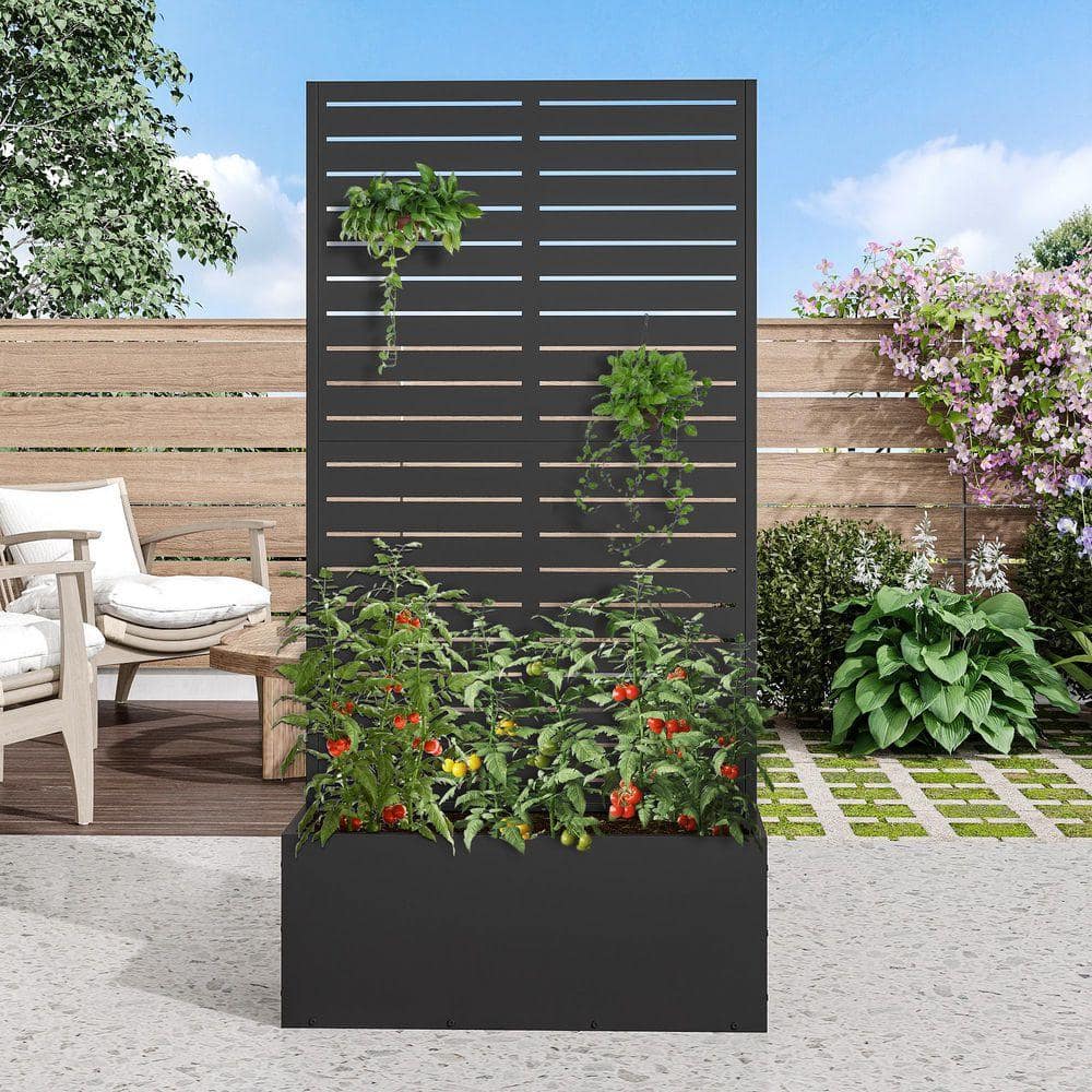 Lirago 59 in. H x 30 in. W Rectanglar Black Outdoor Metal Privacy Screen Planter Box Wall Decor in Louvered Pattern (1)