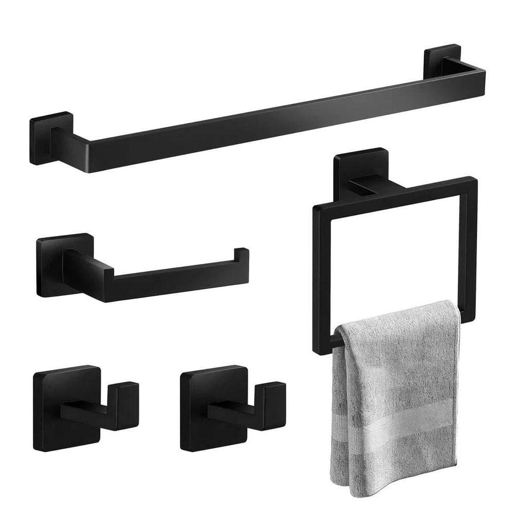 Anqtovp 5 Piece Bathroom Hardware Set with Towel Bar, Towel Ring, Toilet Paper Holder, Towel Hooks in Black Finish (3)