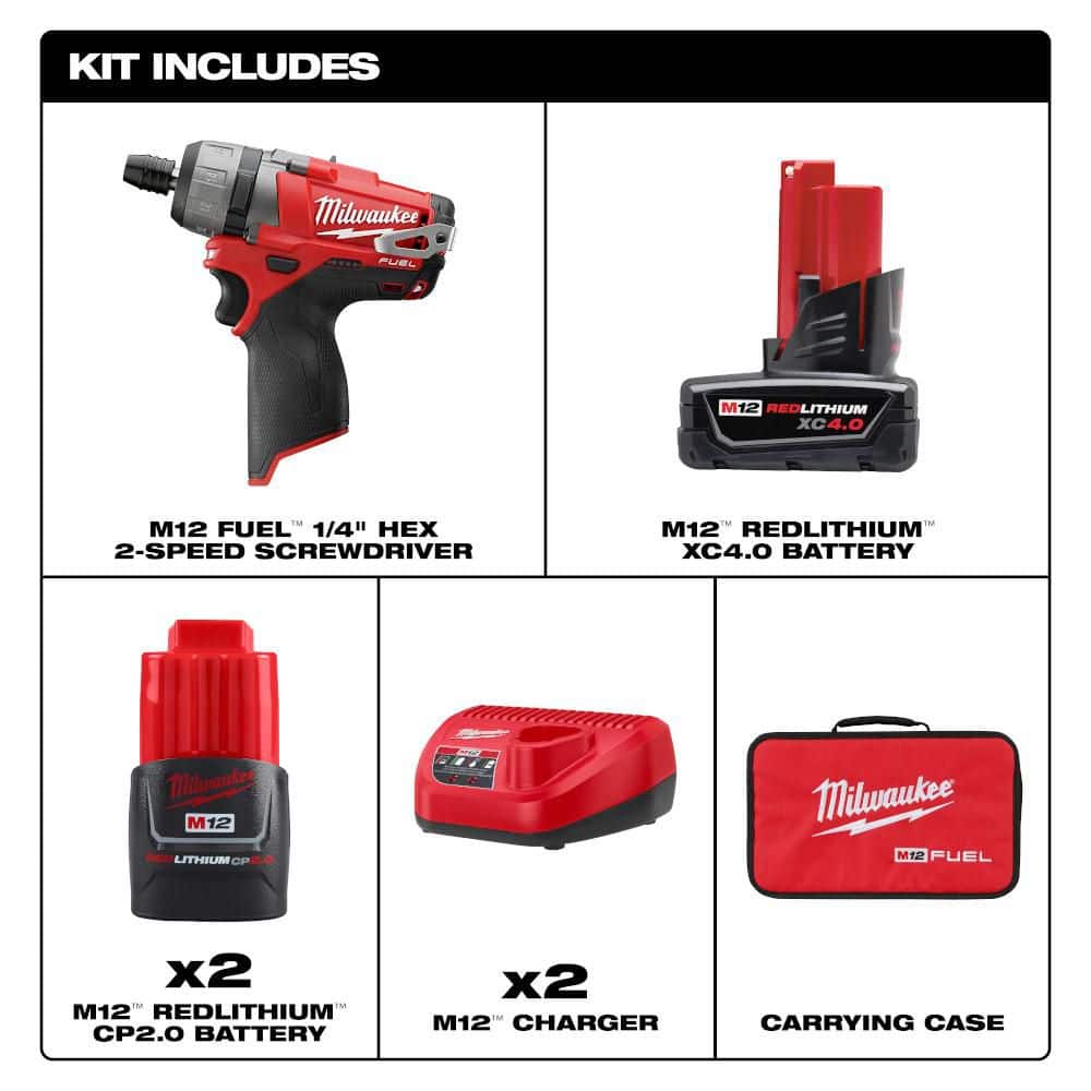 Milwaukee M12 FUEL 12V Lithium-Ion Brushless Cordless 1/4 in. Hex 2-Speed Screwdriver Kit W/3 Batteries, Bag, and Charger (2)