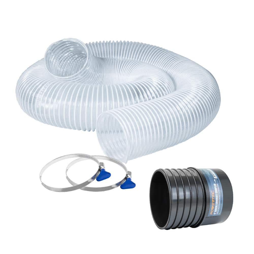 ‎POWERTEC 4 in. x 10 ft. Dust Collection Hose with 2 Key Hose Clamps and Adapter for Dust Collection Systems (1)