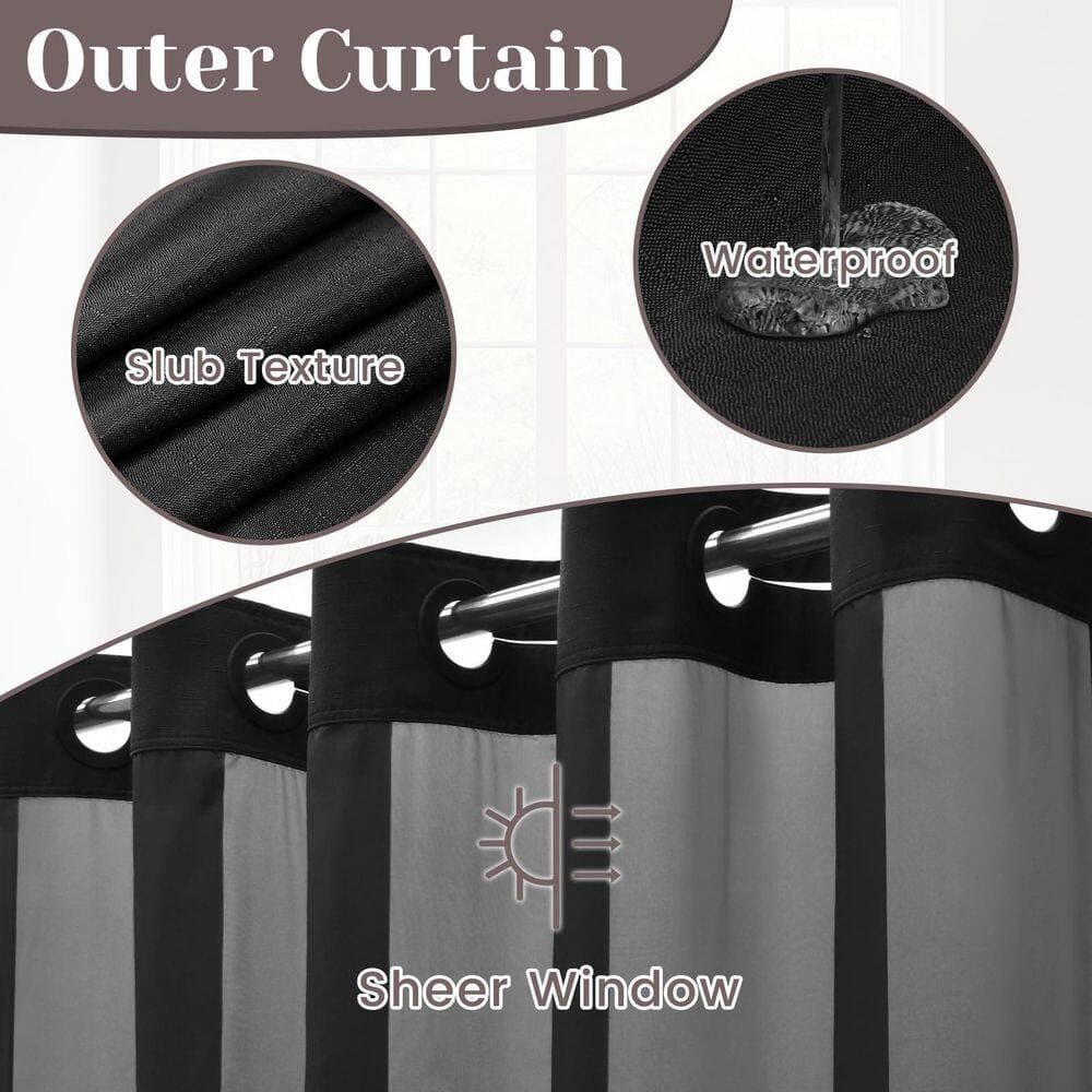Anqtovp 71 in. W x 74 in. L Bamboo Textured Fabric Shower Curtain in Black with Snap-in Waterproof Liner and Translucent Top All (3)