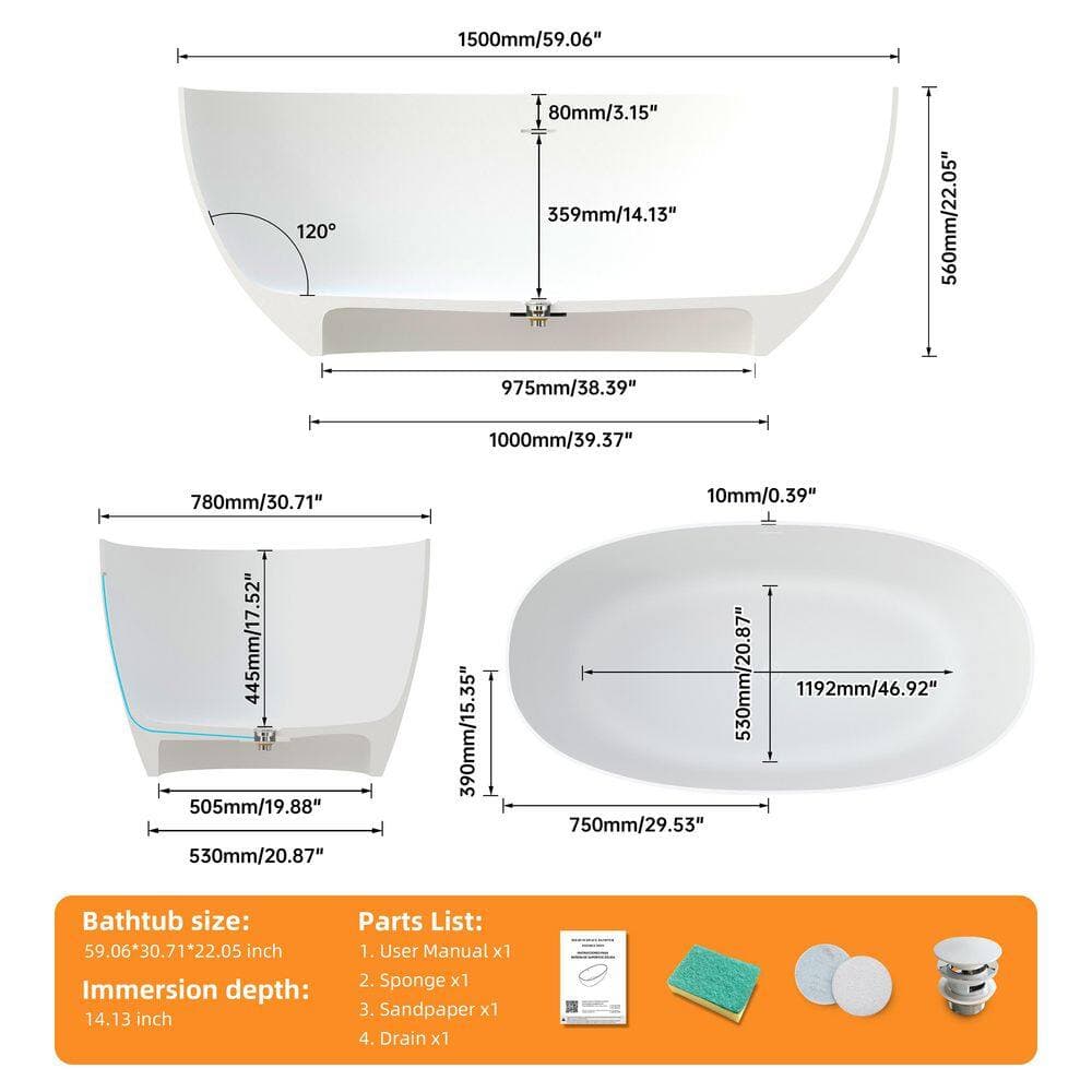HOPROME 59 in. x 31 in. Stone Resin Freestanding Soaking Bathtub in White (2)