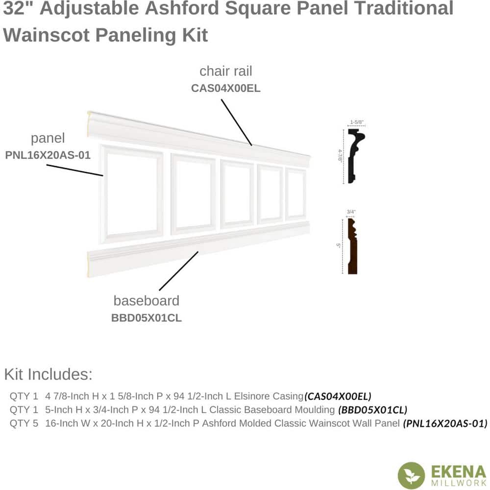 Ekena Millwork 94 1/2 in. Adjustable 32 in. to 36 in. Ashford Square Panel Traditional Wainscot Paneling Kit (2)