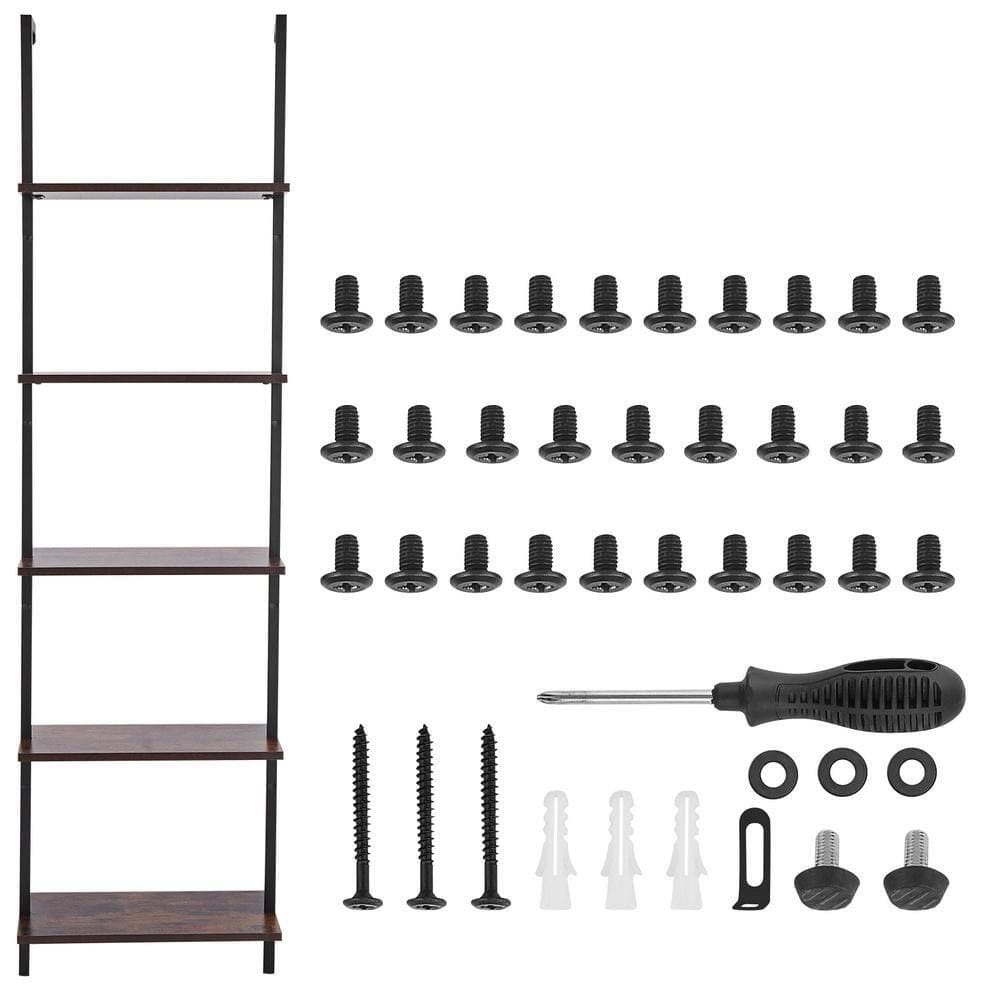 Bunpeony Ladder Shelf 5-Tier 18.9 x 11.8 x 70 in. Wall-Mounted Metal Frame P2 Particleboard 50 lbs. per Layer Black Bookshelf (3)