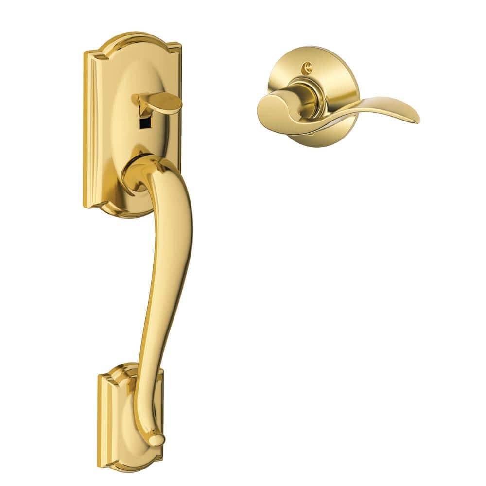 Schlage Camelot Bright Brass Door Handleset Grip with Left Handed Accent Door Handle
