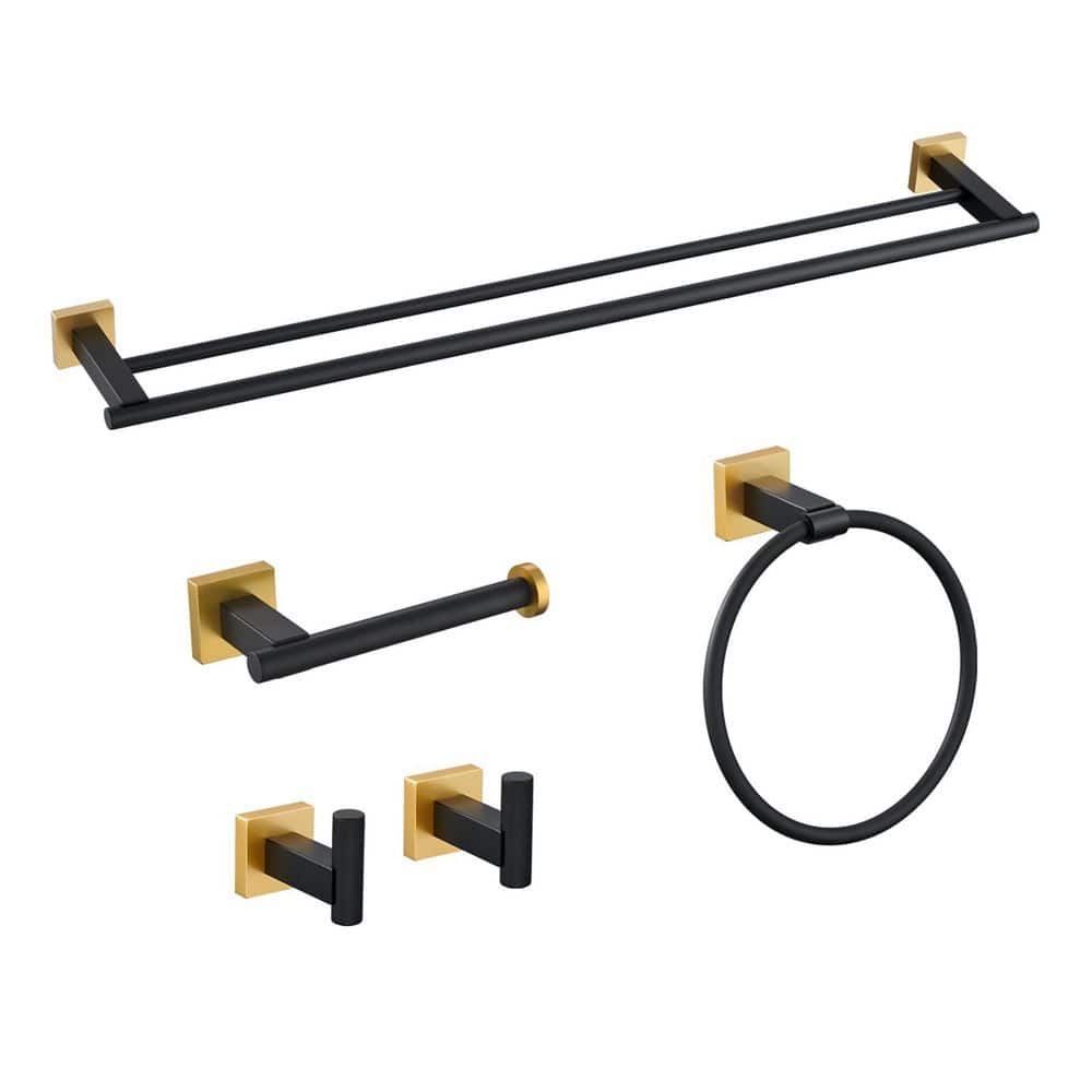 Anqtovp 5-Piece Bathroom Hardware Kit with Double Towel Bar, Toilet Paper Holder, Towel Ring, 2 Robe Hooks in Matte Black Gold (1)