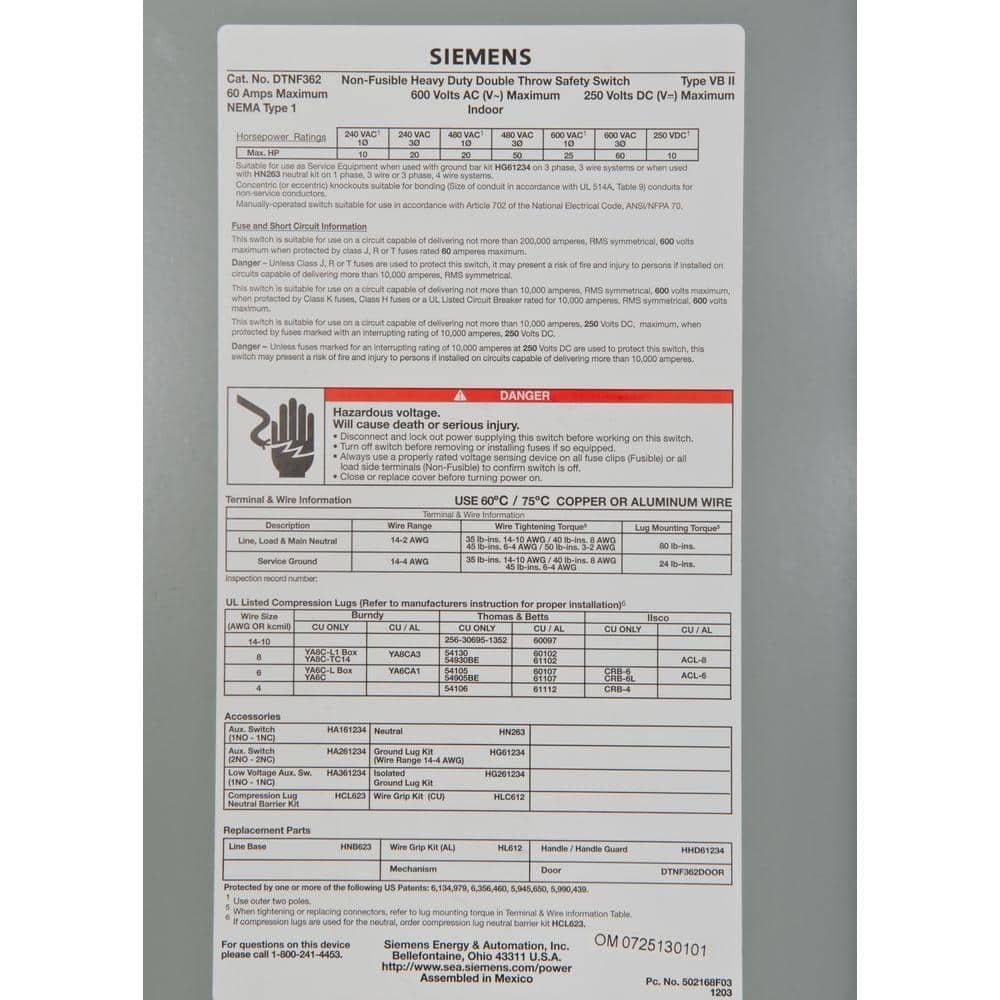 Siemens Double Throw 60 Amp 600-Volt 3-Pole Indoor Non-Fusible Safety Switch (3)