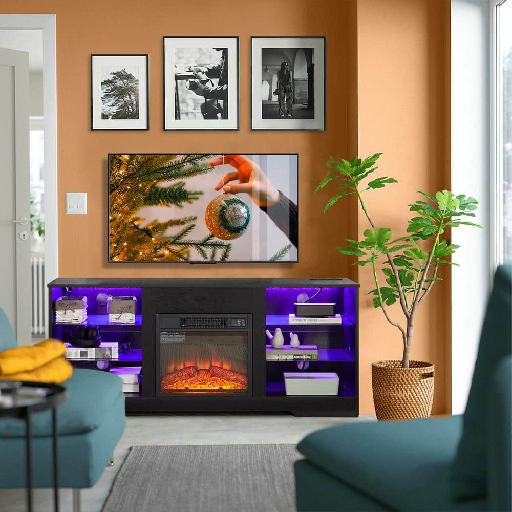 SUNRINX 58 in. Freestanding Modern Electric Fireplace TV Stand with LED Lights in Black