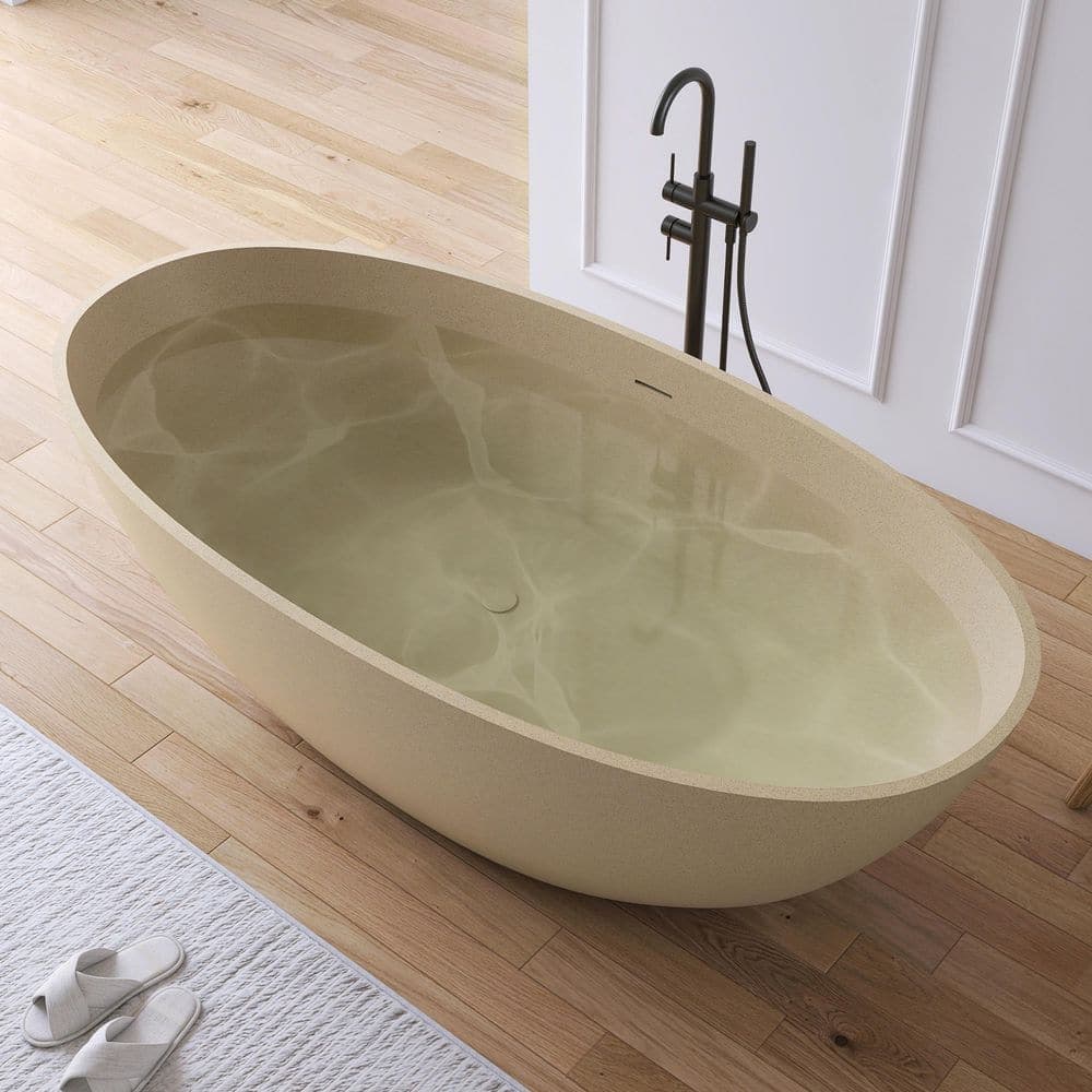 MEDUNJESS Eaton 65 in. x 30 in. Stone Resin Solid Surface Flatbottom Freestanding Soaking Bathtub in Cream with Terrazzo Texture (2)