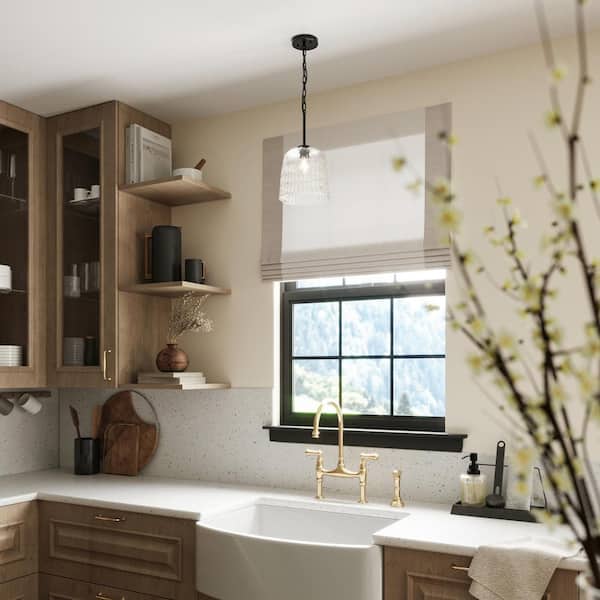 Progress Lighting Mauzy Collection 1-Light Matte Black Transitional Pendant with Clear Water Glass Shade for Kitchen