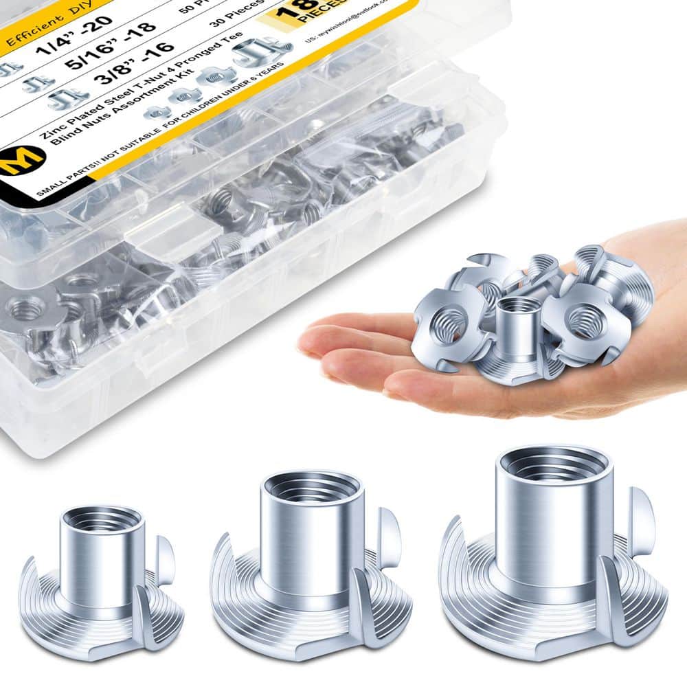 MYWISH 180-Piece 1/4"-20,5/16"-18,3/8"-16 4-Pronged T-Nut Assortment Kit, Zinc-Plated Alloy Steel Threaded Insert Fasteners